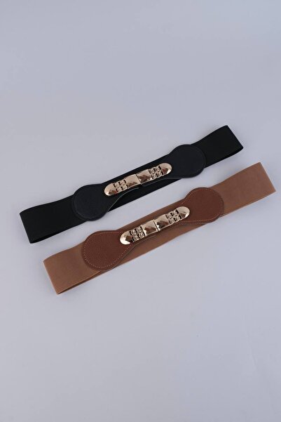 LİA KEMER 2'li Siyah&taba Deri Detaylı Ithal Tokalı Elastik Korse Kemer Ceket...