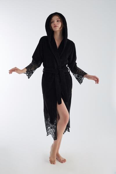 Nuşa Dantelli Uzun Kapüşonlu Triga Bambu Cotton Bornoz