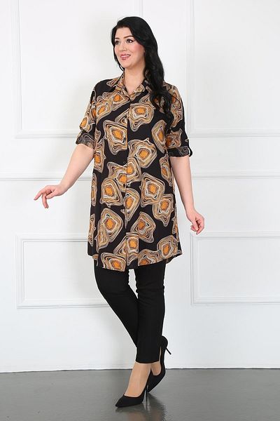 By Alba Collection Women's Mustard Cotton Viscose Patterned Large Size Tunic
