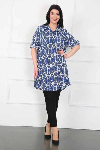 By Alba Collection Women's Indigo Cotton Viscose Patterned Large Size Tunic