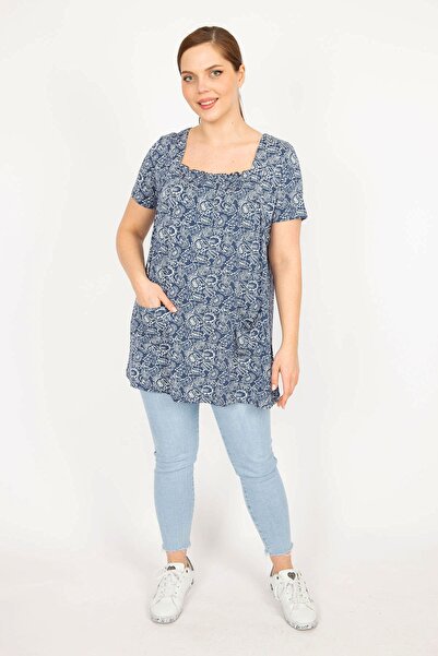 Şans Women's Navy Blue Large Size Gipe Collar Rubber and Pocket Detailed Tunic 65n32938