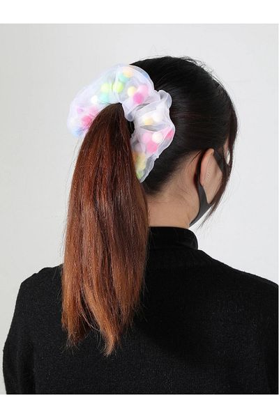 CSR AKSESUAR Cataramă din tul din organza albă cu pompon colorat