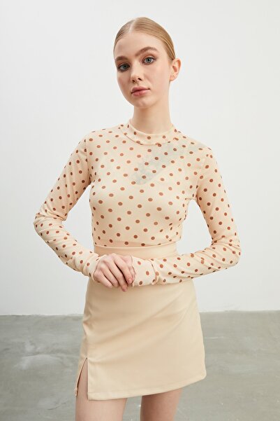 modavingo Női bézs barna pöttyös mintás tüll átlátszó blúz