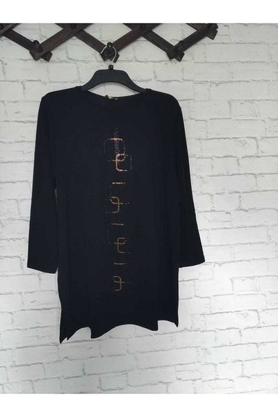 anne moda ankara Spring Black Sparkling Large Size Lycra Cotton Stylish Tunic