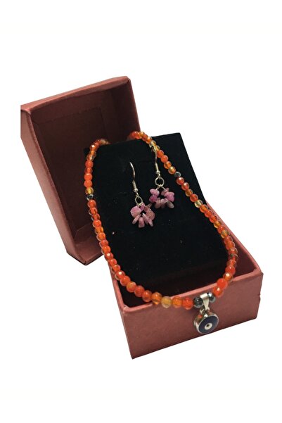 ayrestyle Kırmızı Akik Minimalist Kolye Ve Aventurin Küpeler, Nazar Boncuklu Minimalist Takı Seti