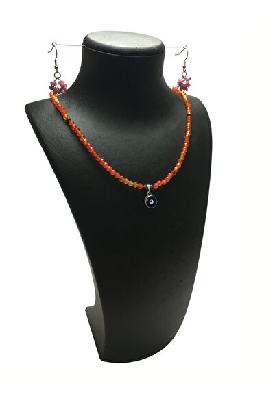 ayrestyle Kırmızı Akik Minimalist Kolye Ve Aventurin Küpeler, Nazar Boncuklu Minimalist Takı Seti