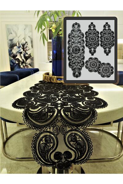 CAMİNHO DA LUA مجموعة مفارش طاولة القهوة الفاخرة المكونة من 5 قطع من داملا، مجموعة مفارش المائدة الفرنسية ذات الأربطة باللون الأسود