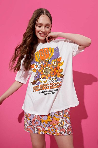 DeFacto Cool Oversize Fit Crew Neck Slogan Printed Short Sleeve 100% Cotton T-Shirt