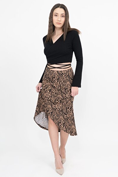 Soyo Brown Black Zebra Patterned Viscose Adjustable Slit Double Skirt