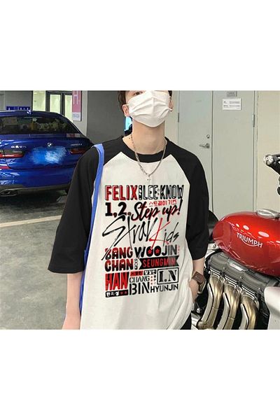 Touz Tricou oversize unisex alb cu mânecă Reglan imprimat poster Stray Kids