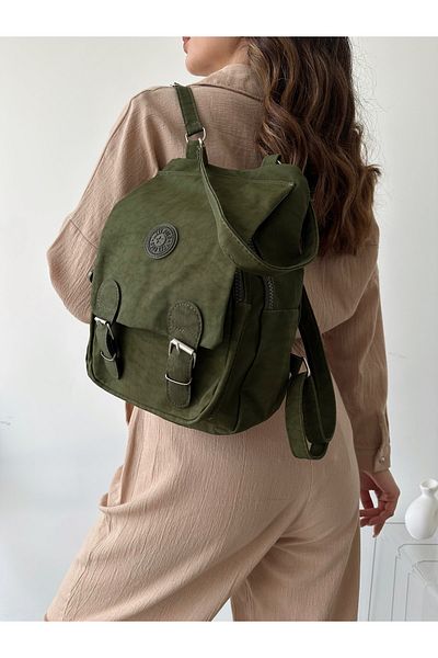 KIRASE Women's Khaki Double Compartment Backpack with Buckle Detail