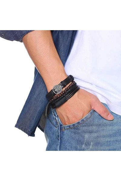 Gogoey Men's Leather Bracelet 4-Piece Tree of Life Wooden Bead Bracelet Black Men's Jewelry
