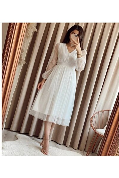 Elbisen Burada Midiboy Tül Nikah Beyaz Elbise