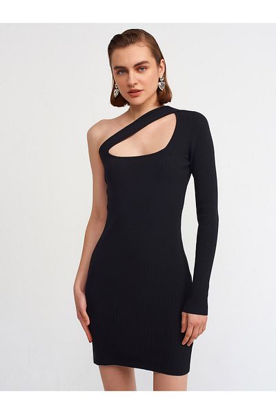 Dilvin 90133 Rochie de tricotaje cu o singură mânecă deschisă pe umărul drept - neagră