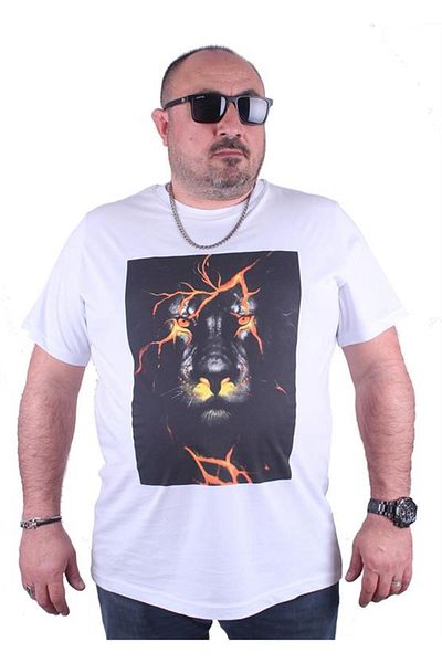 Starbattal Large Size Men's Printed T-Shirt Lion 23138 White