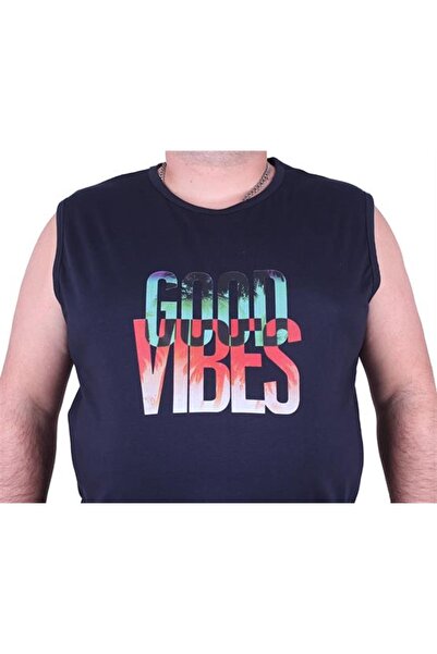 Starbattal Ανδρικό μπλουζάκι χωρίς μανίκια μεγάλου μεγέθους με τύπωμα Good Vibes 23141 Navy Blue
