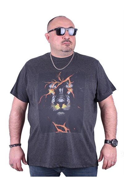 Starbattal Large Size Men's Printed T-Shirt Lion 23138 Anthracite Melange