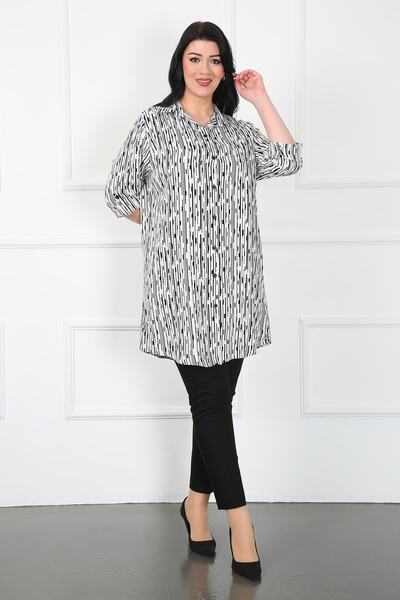 By Alba Collection Women's White Cotton Viscose Column Pattern Large Size Tunic