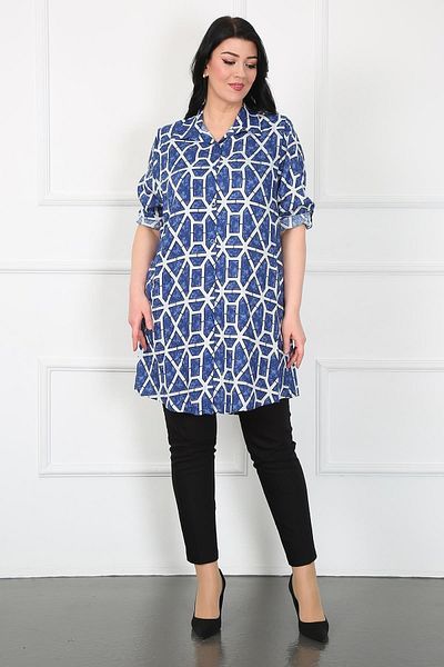 By Alba Collection Women's Indigo Cotton Viscose Patterned Large Size Tunic