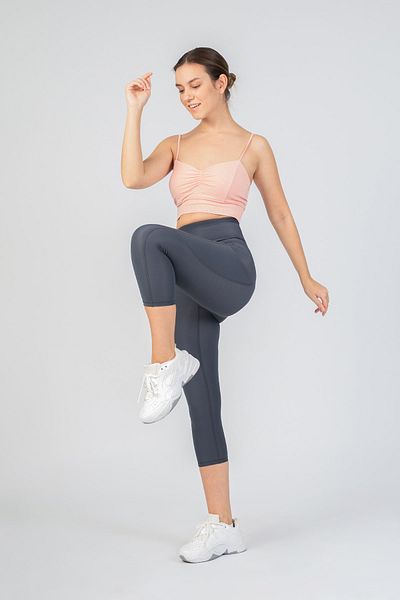 The Step Sports Step Original Gray Women's Pocketed High Waist Extra Compressor, Capri Yoga Tights 48cm