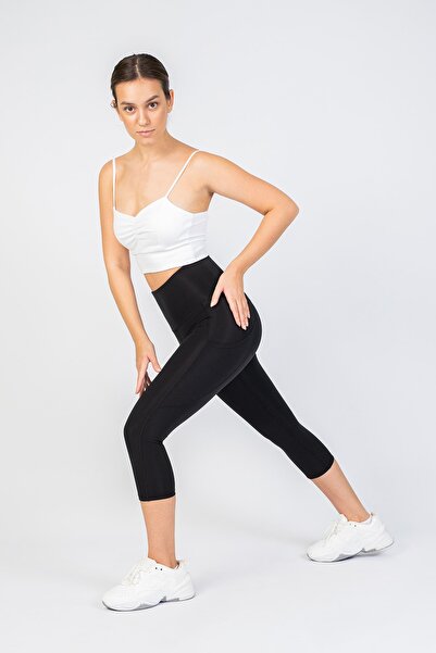The Step Sports Step Original Black Women's Pocket High Waist Extra Compressor, Capri Yoga Tights 48cm