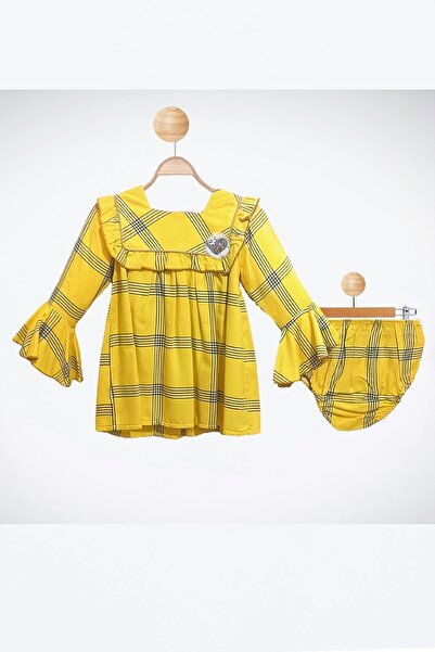 inci wear Kız Bebek / Kız Çocuk Elbisesi Ekose Desen Pileli Hardal Renk