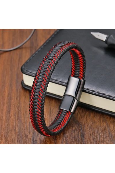 REGGENTE Red Thread Braided Black Leather Bracelet