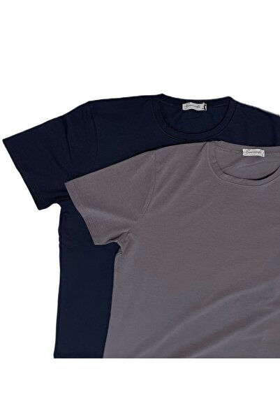 Betimoda Ανδρικά μπλουζάκια με κοντό μανίκι με λαιμόκοψη με λεπτή εφαρμογή, βαμβακερά μπλουζάκια 2 συσκευασιών σε μπλε γκρι