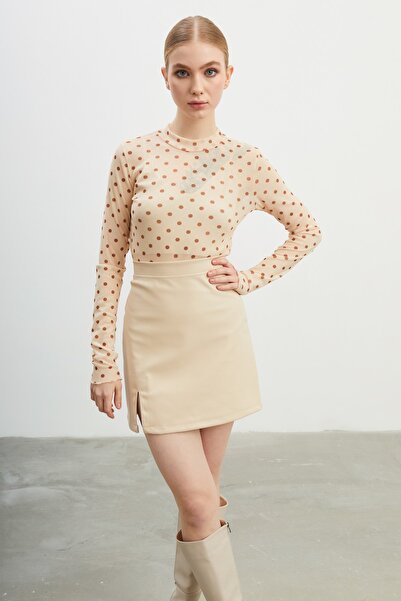 modavingo Női bézs barna pöttyös mintás tüll átlátszó blúz