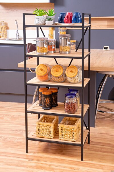 Mudesa 5 Raflı Malzeme Dolabı Çok Amaçlı Banyo-mutfak Rafı Ahşap Metal Dekora...