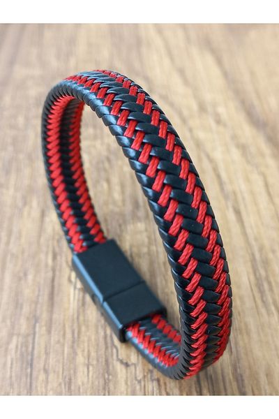 REGGENTE Red Thread Braided Black Leather Bracelet