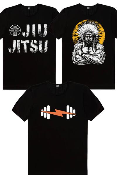 ROCKANDROLL Tricou pentru bărbați Jiu Jitsu, Lightning Sports Black, Big Chief Eco Pack de 3