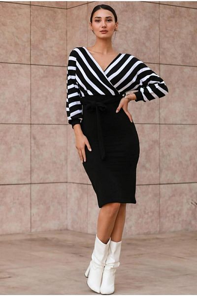 JANES Rochie Tricotaj Dimensiune Mijloc Guler Dublu Cu Motiv Dungi 90 Cm.