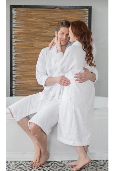 FG Home White Unisex 100% Cotton Bathrobe, Extra Water Absorbent Shawl Collar Bathrobe