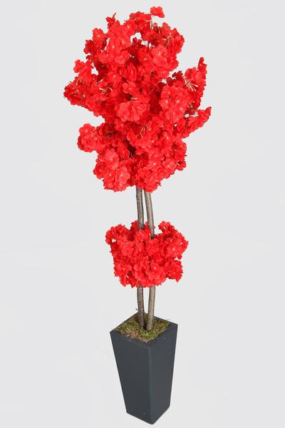Yapay Çiçek Deposu Ahşap Saksıda Yapay Bahar Dalı Ağacı Kırmızı 150 Cm