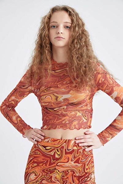 DeFacto Μπλουζάκι με μακρυμάνικο τούλι με δροσερό κοκαλιάρικο σχέδιο