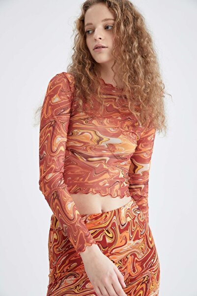 DeFacto Μπλουζάκι με μακρυμάνικο τούλι με δροσερό κοκαλιάρικο σχέδιο