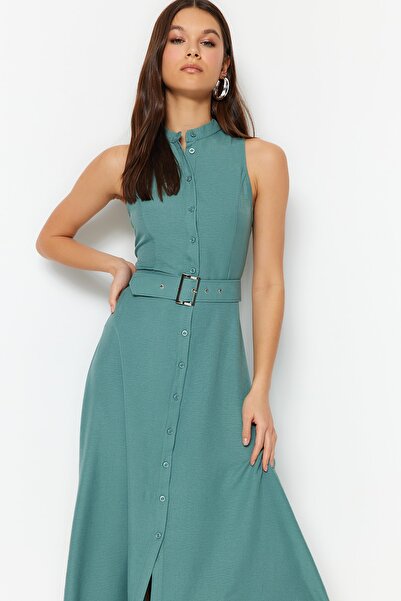 Trendyol Collection Φόρεμα μίντι υφαντό πουκάμισο με ζώνη δυόσμου TWOSS23EL01628