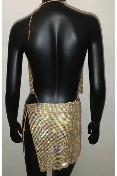 nuit dose Chainmail Metal Fabric 2-Piece Set (GOLD) Jewelled, Shiny, Metal, Degaje Collar, Chain Strap Backless