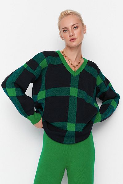 Trendyol Collection Grünes Jacquard-Strickoberteil- und -unterteil-Set TWOAW23AU00025