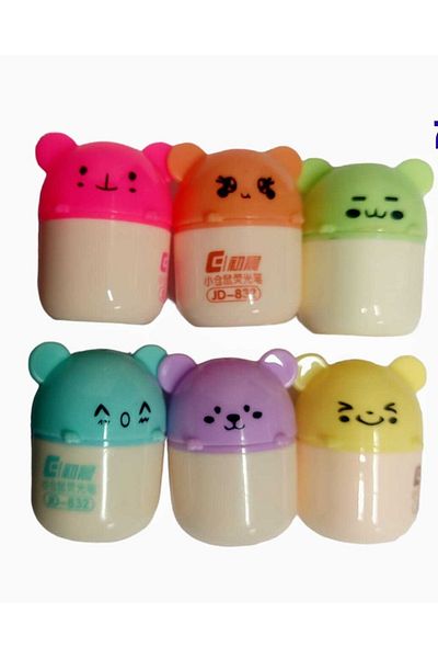 sevgi kırtasiye Sugar Bears Mini 6-Piece Highlighter Pen Set with Tabletop Pen Holder Gift