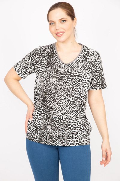 Şans Women's Leo Plus Size Cotton Fabric V-Neck Blouse 65n35855
