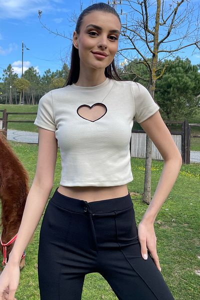 Trend Alaçatı Stili Women's Ecru Crew Neck Heart Embroidery Half Sleeve Knitted Crop Blouse ALC-X9572-2
