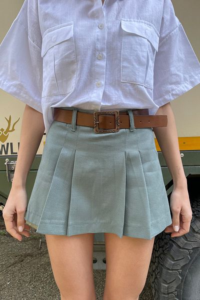 Trend Alaçatı Stili Női zöld derék öves redőzött gabardin rövidnadrág szoknya ALC-X9996