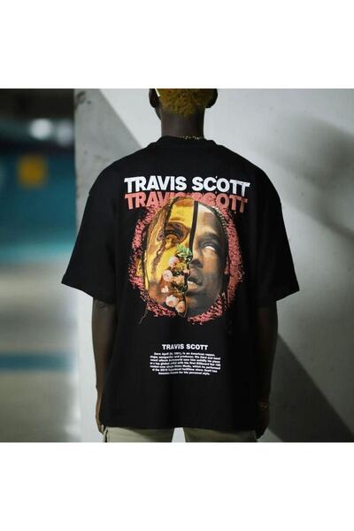 Benisengiydir Мъжка черна тениска с голямо деколте с принт Travis Scott