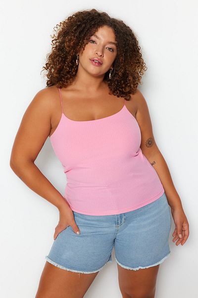 Trendyol Curve Rózsaszín spagettipántos Crop Corded kötött nagy méretű blúz TBBSS23AF00013