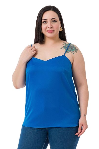 DISENTIS MODEST Plus Size Adjustable Thin Strap Satin Saks Blue Blouse