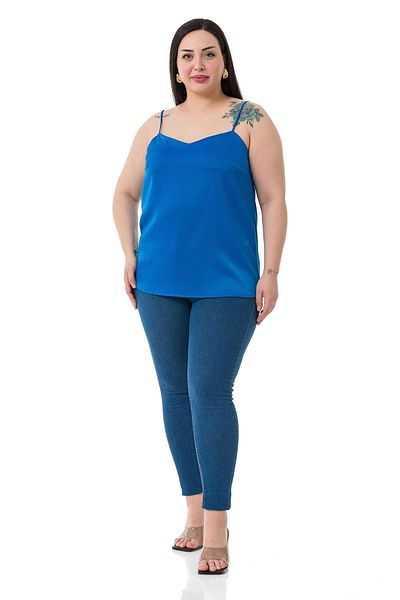 DISENTIS MODEST Plus Size Adjustable Thin Strap Satin Saks Blue Blouse