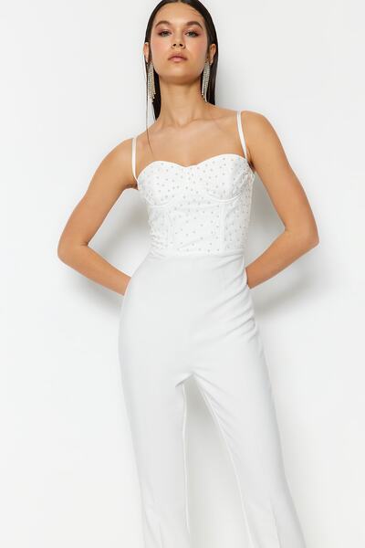 Trendyol Collection Ecru Lined Bridal Jumpsuit with Woven Accessories TPRSS23TU00043