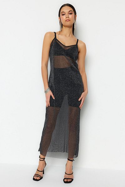 Trendyol Collection Třpytivé černé pletené večerní šaty - TPRSS23EL00505